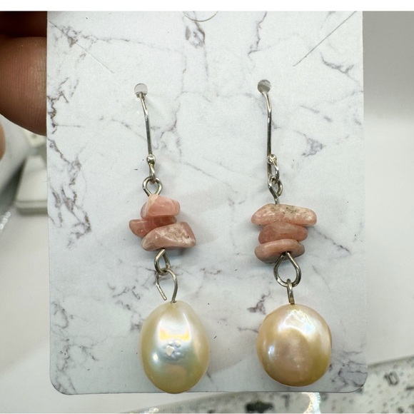 Large genuine baroque pearl and rose quartz chip sterling silver dangle earrings - Picture 6 of 10